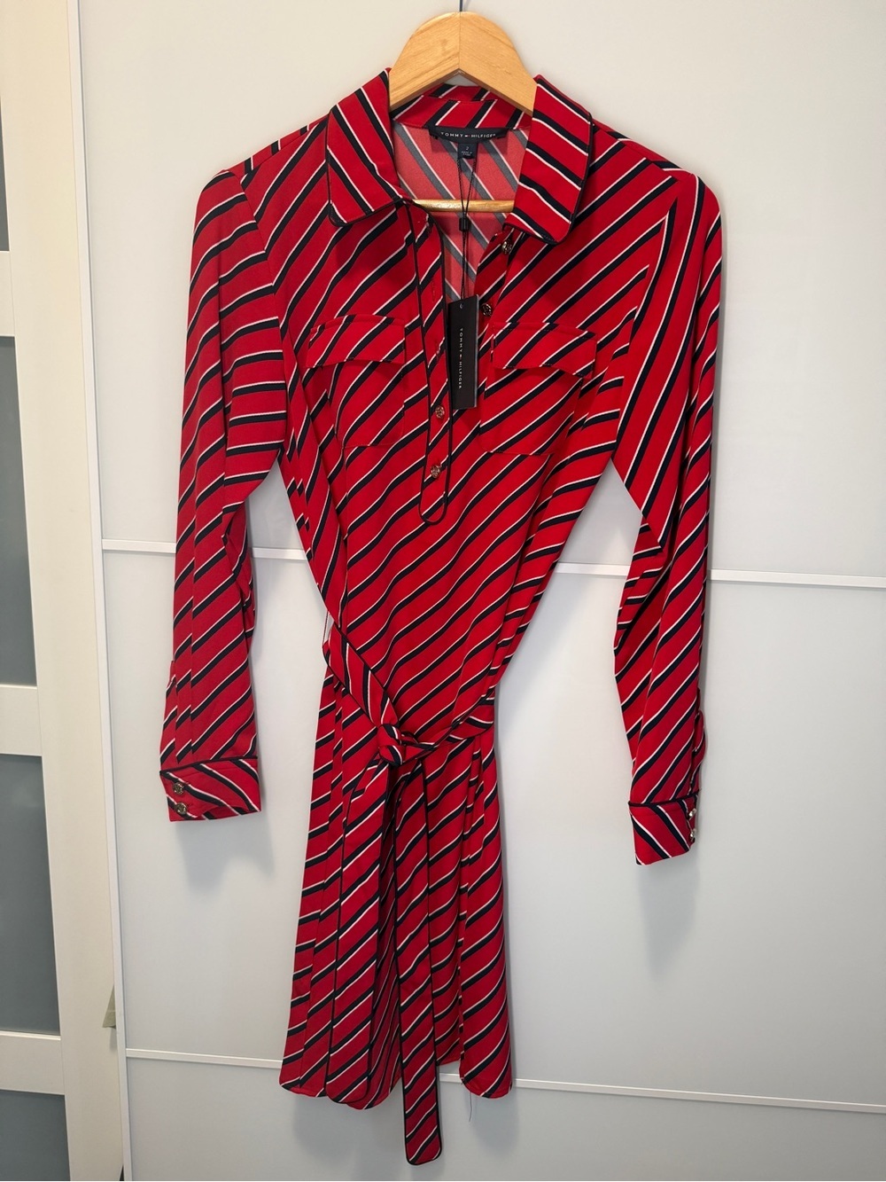 Tommy Hilfiger Red Striped Long Sleeve Tie-Waist Shirt Dress
